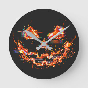 Glitchy Neon Jack O Lantern Cyberpunk Halloween Round Clock