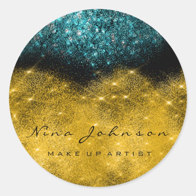 Gliter Gold Black White Makeup Artist Teal Ocean Classic Round Sticker (Front)