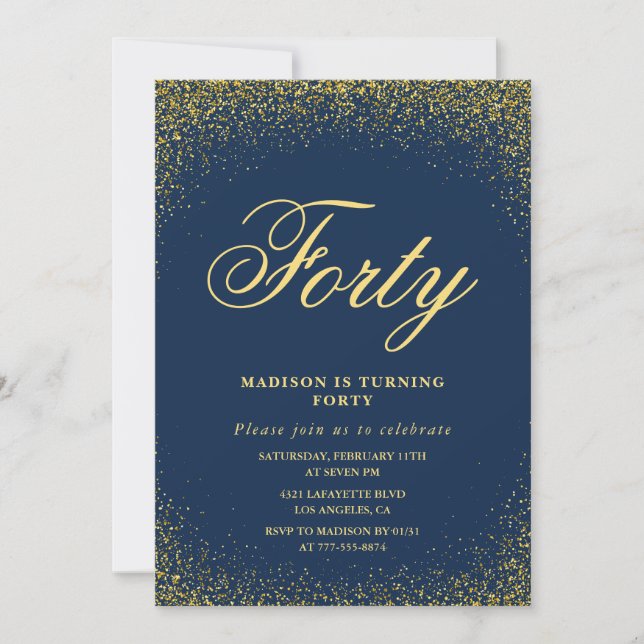 Glitter 40th birthday invitations Gold Navy Forty (Front)