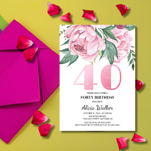 Glitter 40th Pink Peony Floral Greenery Birthday  Invitation