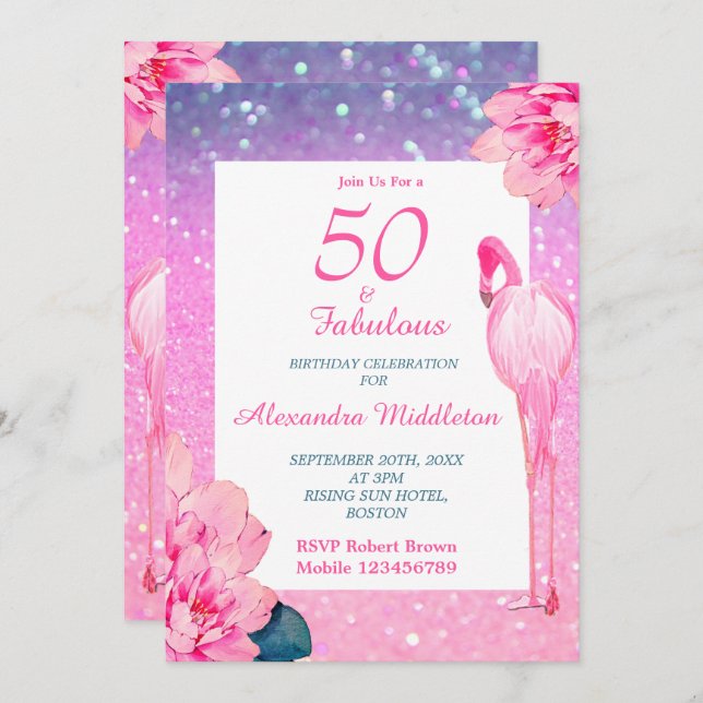 Glitter 50 Fabulous Flamingo Pink Floral Birthday Invitation (Front/Back)
