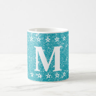 Glitter 5 Star Teal Blue Custom Monogram Beverage Coffee Mug