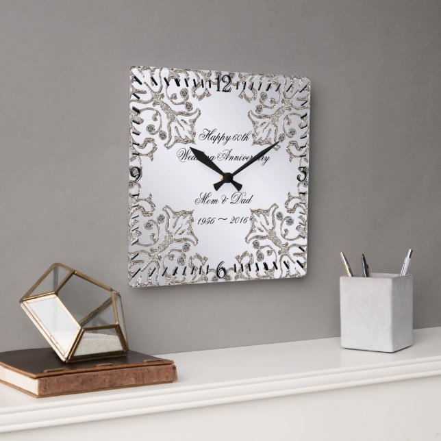Glitter 60th Diamond Wedding Anniversary Clock (Office)