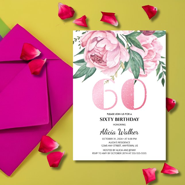 Glitter 60th Pink Peony Floral Greenery Birthday  Invitation (Creator Uploaded)