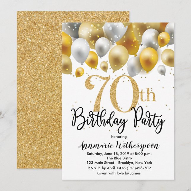 Glitter 70th Birthday Invitation Gold Balloons (Front/Back)
