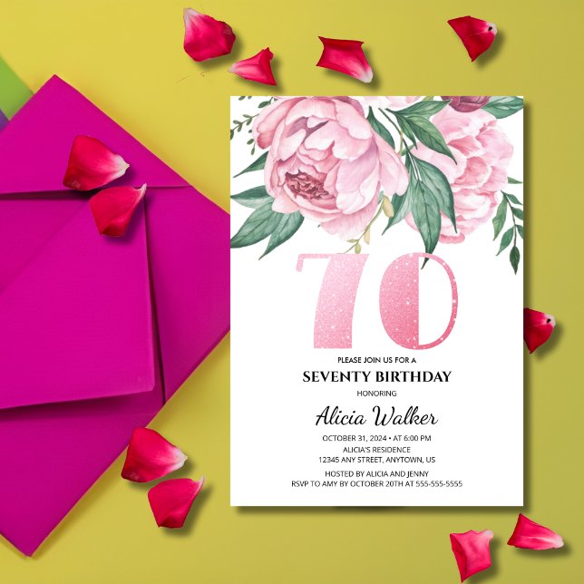 Glitter 70th Pink Peony Floral Greenery Birthday  Invitation (Creator Uploaded)
