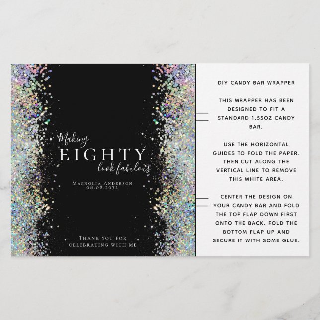 Glitter 80th Birthday Favor Candy Bar Wrapper (Front)