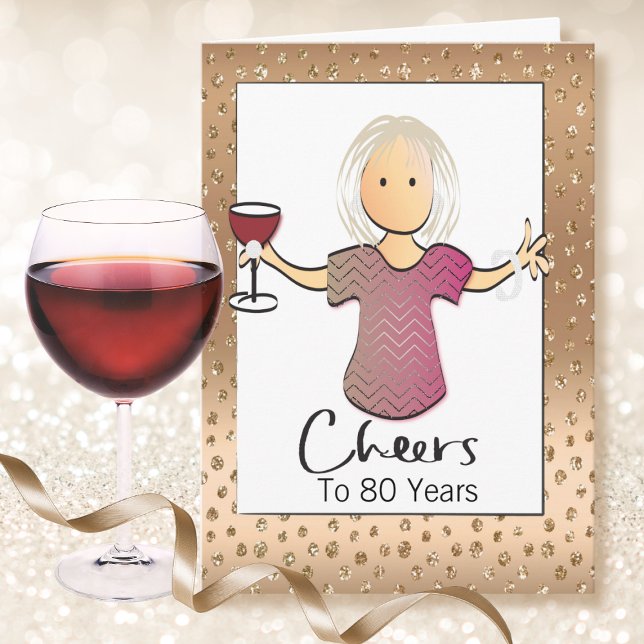 Glitter 80th Birthday Female Red Wine Cartoon Card (Creator Uploaded)