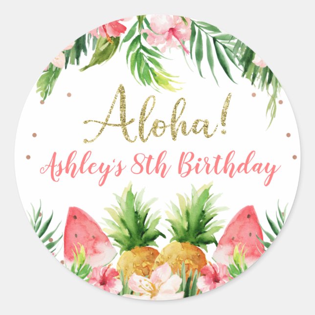 Glitter Aloha Tropical Floral And Fruit Birthday  Classic Round Sticker (Front)