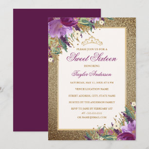 Glitter Amethyst Purple Floral Tiara Sweet Sixteen Invitation