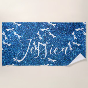 Glitter and dragonflies personalised  beach towel