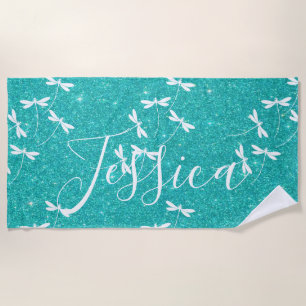 Glitter and dragonflies personalised  beach towel