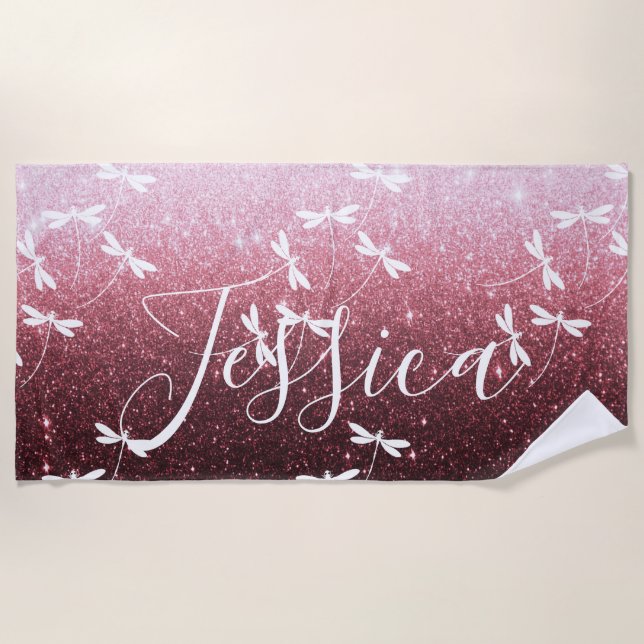 Glitter and dragonflies personalised  beach towel (Front)