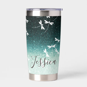 Glitter and dragonflies personalised insulated tumbler