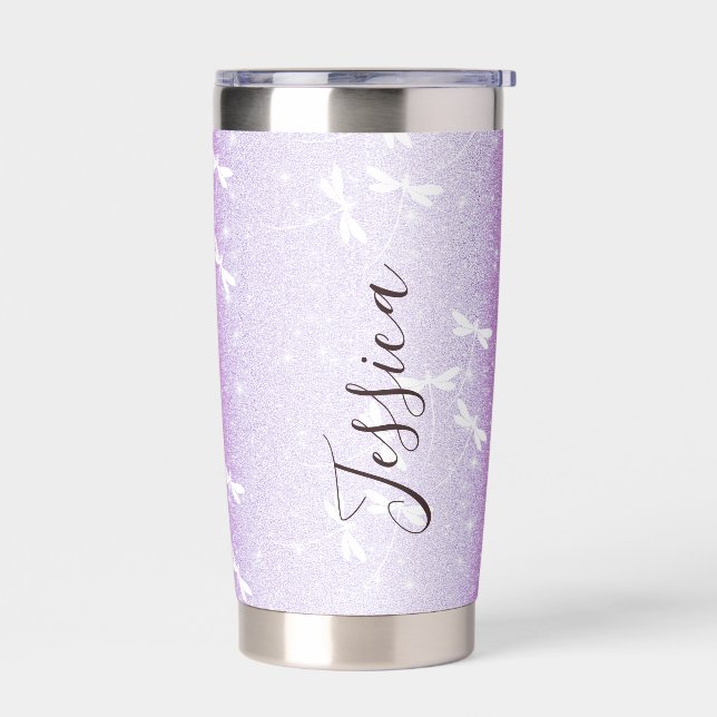 Glitter and dragonflies personalised insulated tumbler (Left)