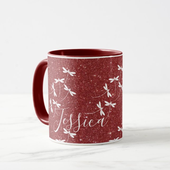 Glitter and dragonflies personalised mug (Front Left)