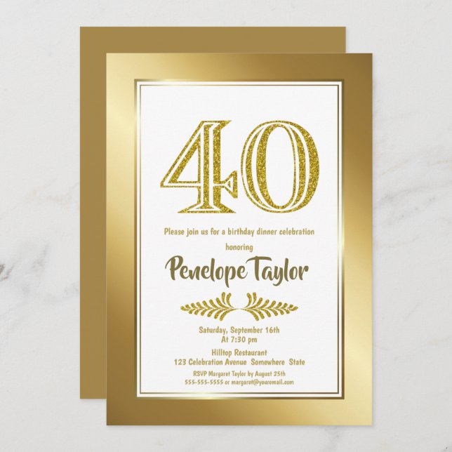 Glitter and Gold 40th Birthday Dinner Party Invitation (Front/Back)