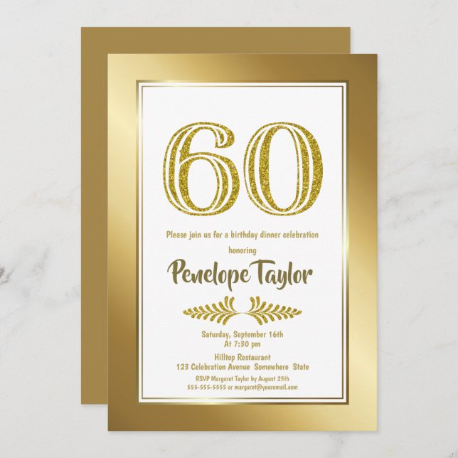 Glitter and Gold 60th Birthday Dinner Party Invitation (Front/Back)