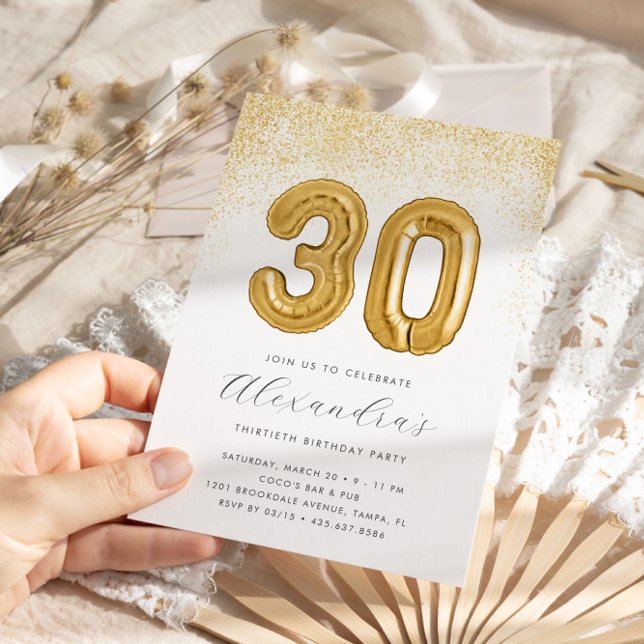 Glitter and Gold Women's 30th Birthday Balloon Invitation (Creator Uploaded)