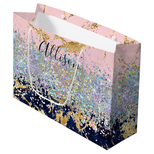 Glitter and marble personalised  large gift bag (Front Angled)