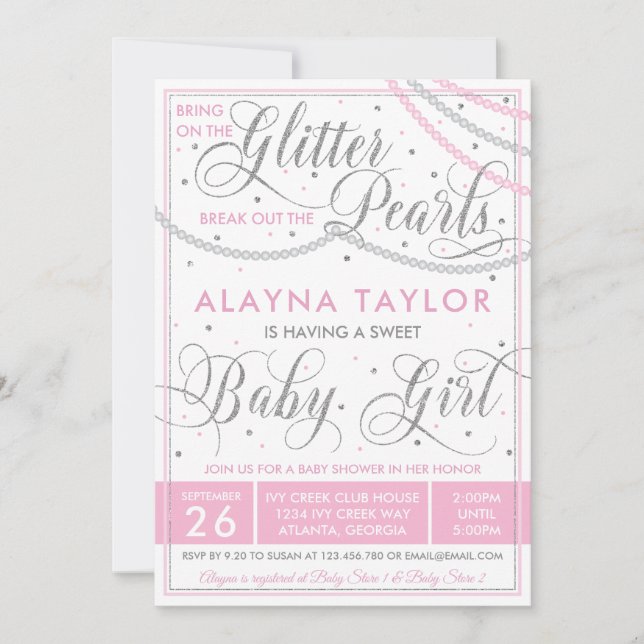 Glitter and Pearls Baby Shower Invitation, Pink Invitation (Front)
