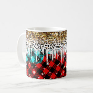 Glitter and Plaid Pattern with Sparkling Snowflake Coffee Mug