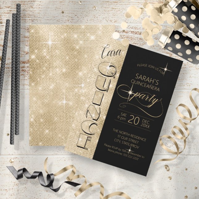 Glitter and Shine Quinceanera Black/Gold ID701 Invitation (Front/Back In Situ)