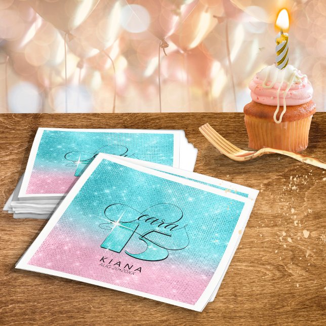 Glitter and Shine Quinceanera Teal/Pink ID701 Napkin (Creator Uploaded)