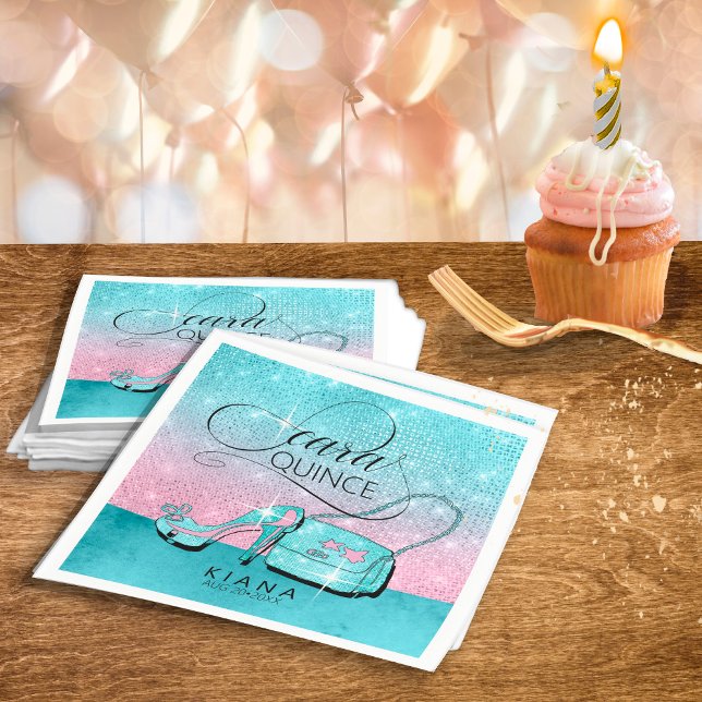Glitter and Shine Quinceanera Teal/Pink ID701 Napkin (Creator Uploaded)