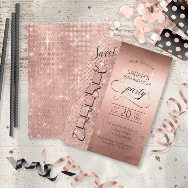 Glitter and Shine Sweet 16 Rose Gold ID675 Invitation (Creator Uploaded)