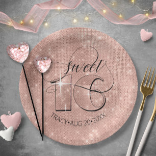 Glitter and Shine Sweet 16 Rose Gold ID675 Paper Plate