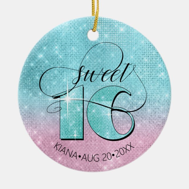 Glitter and Shine Sweet 16 Teal/Pink ID675 Ceramic Tree Decoration (Front)