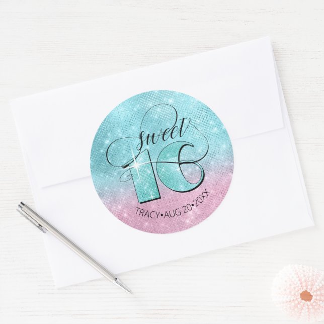 Glitter and Shine Sweet 16 Teal/Pink ID675 Classic Round Sticker (Envelope)