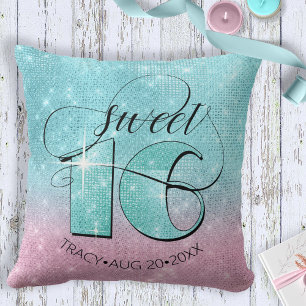 Glitter and Shine Sweet 16 Teal/Pink ID675 Cushion