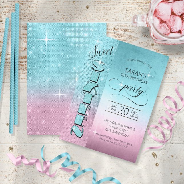 Glitter and Shine Sweet 16 Teal/Pink ID675 Invitation (Creator Uploaded)