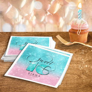 Glitter and Shine Sweet 16 Teal/Pink ID675 Napkin