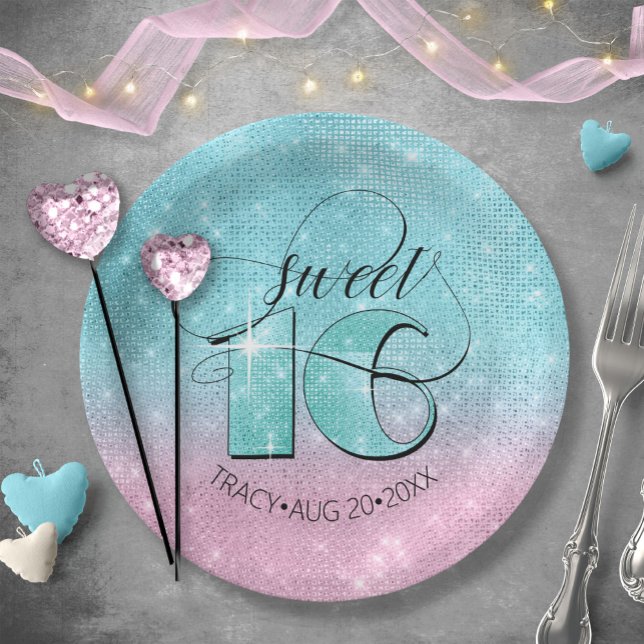 Glitter and Shine Sweet 16 Teal/Pink ID675 Paper Plate (Creator Uploaded)