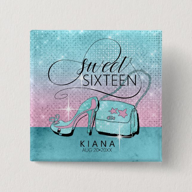 Glitter and Shine Sweet 16 V2 Teal/Pink ID675 15 Cm Square Badge (Front)