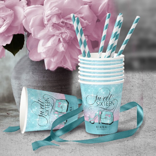 Glitter and Shine Sweet 16 V2 Teal/Pink ID675 Paper Cups (Creator Uploaded)