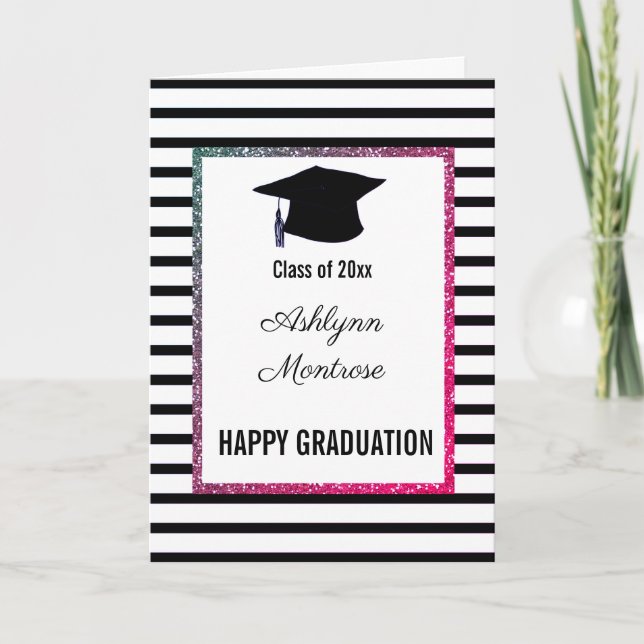 Glitter and Striped Black  Graduation Card (Front)