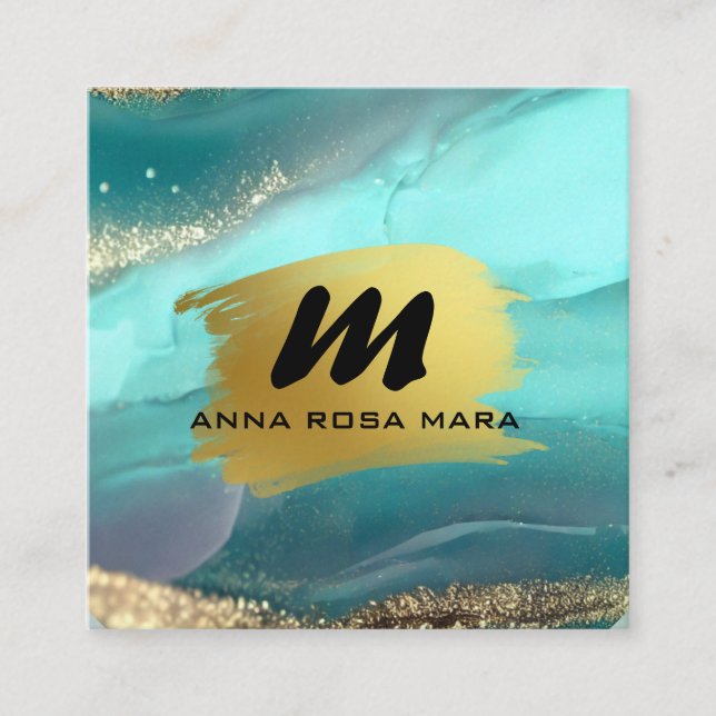 *~* Glitter AP66  Luxe TURQUOISE GOLD Agate QR Square Business Card (Front)