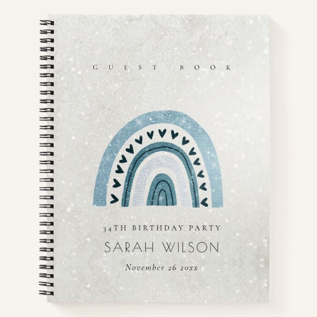 GLITTER AQUA BLUE RAINBOW HEART KIDS BIRTHDAY NOTEBOOK (Front)
