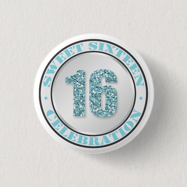 Glitter Aqua Blue Sweet 16 Celebration Buttons (Front)