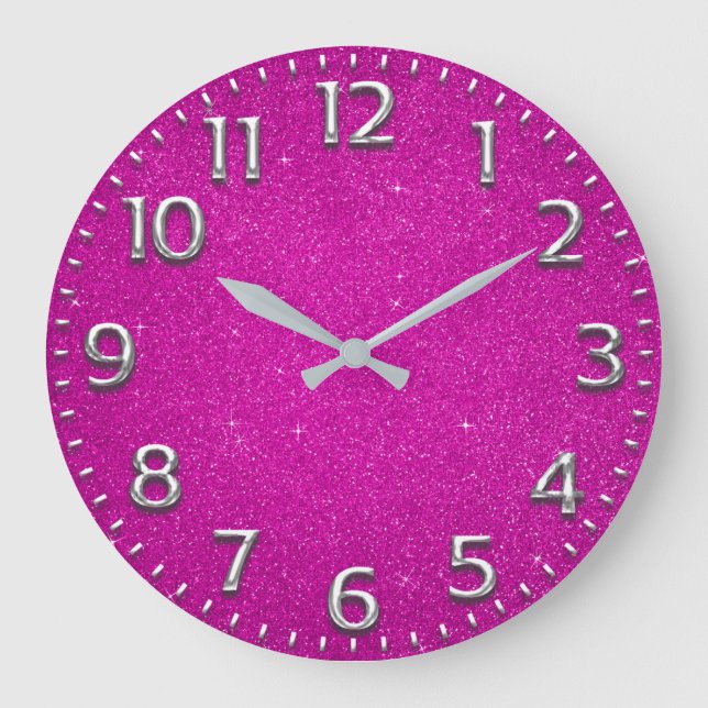 Glitter Arabic Number Metal Gray Fuchsia Pink Large Clock (Front)