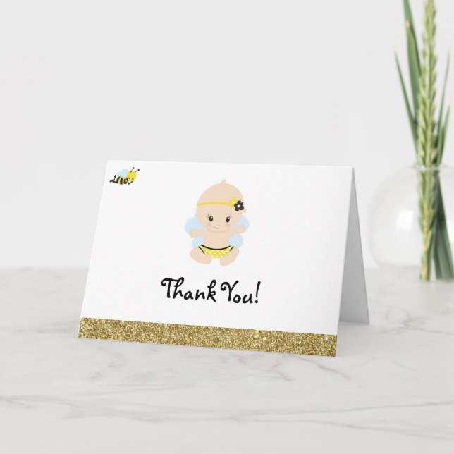 *~* Glitter Baby Bee Girl Baby Shower Thank You Card (Front)