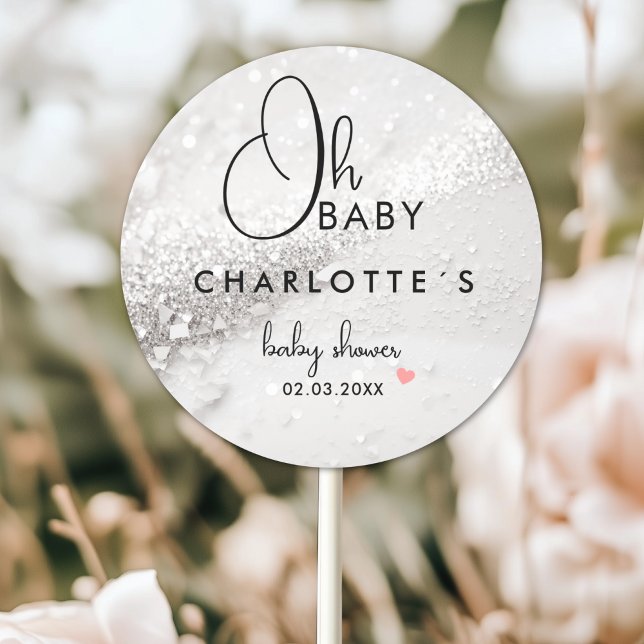 Glitter Baby Shower Classic Round Sticker (Glitter Baby Shower Classic Round Custom Sticker with your Name and Date.)