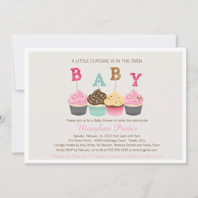 Glitter Baby Shower Invitation - Cupcakes, Glitz (Front)