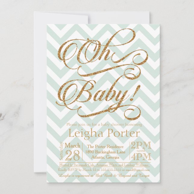 Glitter Baby Shower Invitation Gold Mint Chevron (Front)
