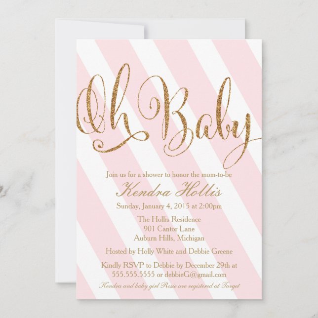 Glitter Baby Shower Invitation - Pink Stripe (Front)