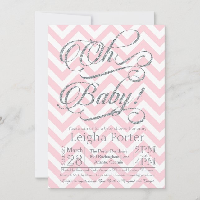 Glitter Baby Shower Invitation Silver pink chevron (Front)